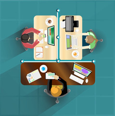 Businessman working hard sitting at the desk and typing on the laptop. Writing report. Top view flat vector illustration