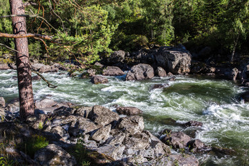 Chulcha River near Uchar waterfall, Altai, Russia. The route to the waterfall is a UNESCO object.