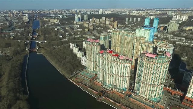 Aerial view of Moscow. Residential complex Alye Parusa over Moscow canal. Moscow, Russia.