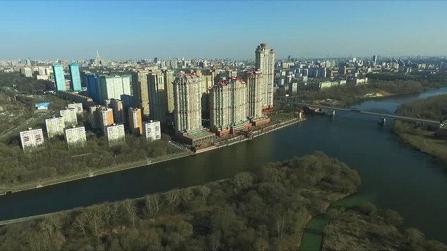 Aerial view of Moscow. Residential complex Alye Parusa over Moskva River. Moscow, Russia.