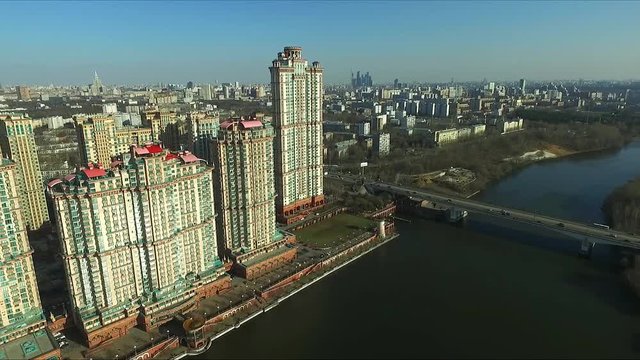 Aerial view of Moscow. Residential complex Alye Parusa over Moskva River. Moscow, Russia.