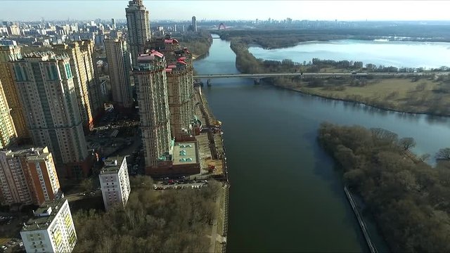 Aerial view of Moscow. Residential complex Alye Parusa over Moskva River. Moscow, Russia.