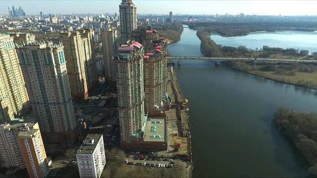 Aerial view of Moscow. Residential complex Alye Parusa over Moskva River. Moscow, Russia.