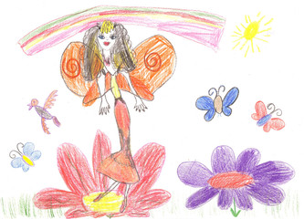 Child drawing fairy flying on a flower