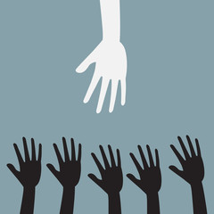 Fototapeta premium White Hand from top for help with black hand. Vector concept.