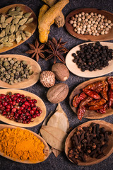 spices and herbs on wooden table , medicinal concept