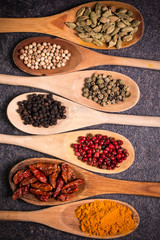 spices and herbs on wooden table , medicinal concept