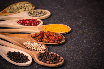 spices and herbs on wooden table , medicinal concept