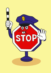 Cartoon stop sign as a police officer.