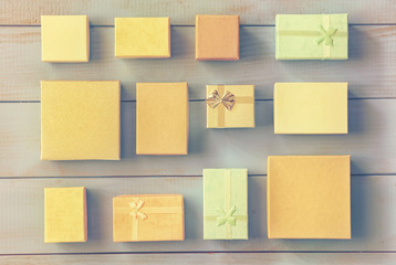 top view of various gift boxes. vintage filtered