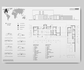 Wireframe blueprint drawing of 3D building. Vector architectural template background.