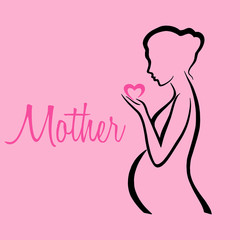 Беременность и роды, красивый силуэт беременной женщины с сердцем в руках, день матери 