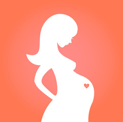 Silhouette of pregnant woman on gray background. Vector illustration.