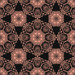 Seamless pattern with Mandalas. Vector pink ornaments on black background