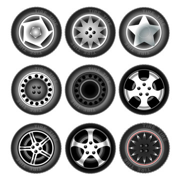 Collection of nine wheels with tires. Different forms and object variation. Car wheels. Isolated tires on white background. Digital vector illustration.