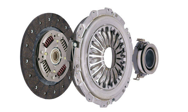 A new set of replacement automotive clutch on a white background. 