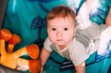 Obraz premium Cute little baby boy playing in colorful playpen, indoors. Beautiful child having fun at nursery.