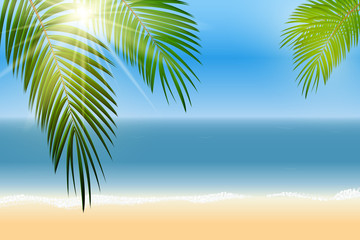 Fototapeta na wymiar Summer Time Palm Leaf Seaside Vector Background Illustration