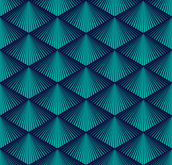 Seamless op art pattern of lined rhombuses in turquoise. Stylish, geometric background vector design. Simple to edit, without gradient.