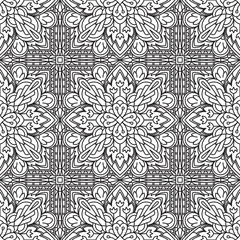 Seamless Square Abstract Tribal Black-White Pattern In Mono Line