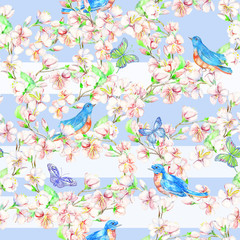Cherry, apple, flowers, bird. Watercolor seamless pattern.