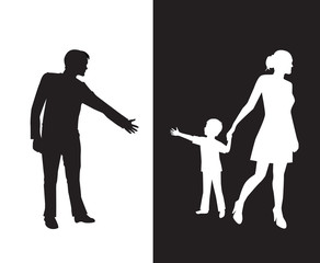 silhouette of a man reaching to his young child, but the mother removes the child to the other side and is separated from the father.Dad and mom with a baby on different backgrounds
