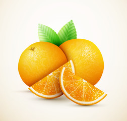 Fresh oranges fruits with green leaves and slices