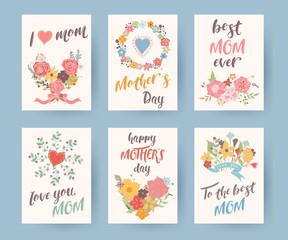 Set of vintage mothers day greeting card. Mothers Day floral background. Vector illustrator.