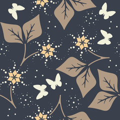 Beautiful seamless pattern with leaves,  flowers and butterflies