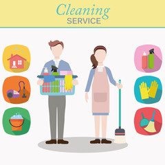 Cleaning staff characters with cleaning equipment in trendy flat design. Man and woman workers standing. Icons with cleaning items.