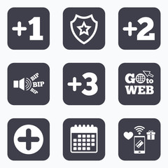 Plus icons. Positive symbol. Add one more sign.
