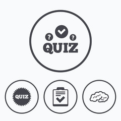 Quiz icons. Checklist and human brain symbols.