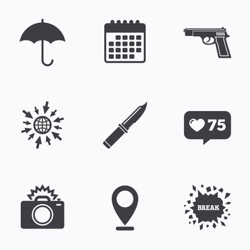 Gun weapon. Knife, umbrella and photo camera.