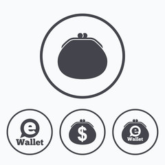 Electronic wallet icons. Dollar cash bag sign.