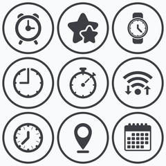 Mechanical clock time icons. Stopwatch timer.