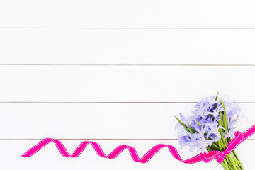 Bouquet of spring flowers decorated with ribbon on white wooden background. Top view, copy space. Chionodoxa flowers.