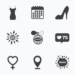 Women dress icon. Sexy shoe sign. Perfume.