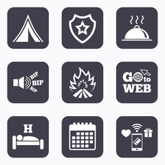 Hot food, sleep, camping tent and fire signs.