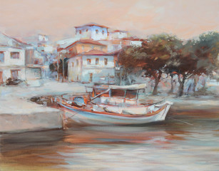 Boats on the island harbor,handmade painting