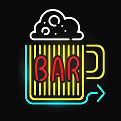 Neon bar cocktail pub sign glowing street illuminated symbol vector illustration.