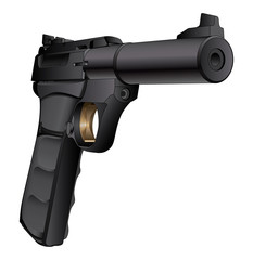 Gun Semi-Auto 22 Caliber is a detailed three quarter view illustration of a modern black semi-automatic 22 Caliber pistol.