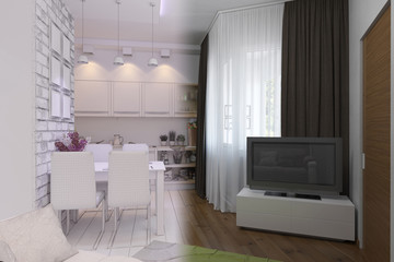 3d render of Living room with kitchen interior design in a modern style 