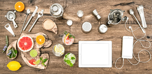 Fototapeta na wymiar Food blogger desk bar tools accessories electronic devices