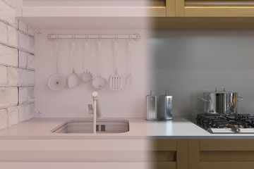 Fototapeta na wymiar 3d render of kitchen interior design in a modern style.
