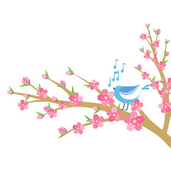 Cherry blossom branch with bird and music notes.