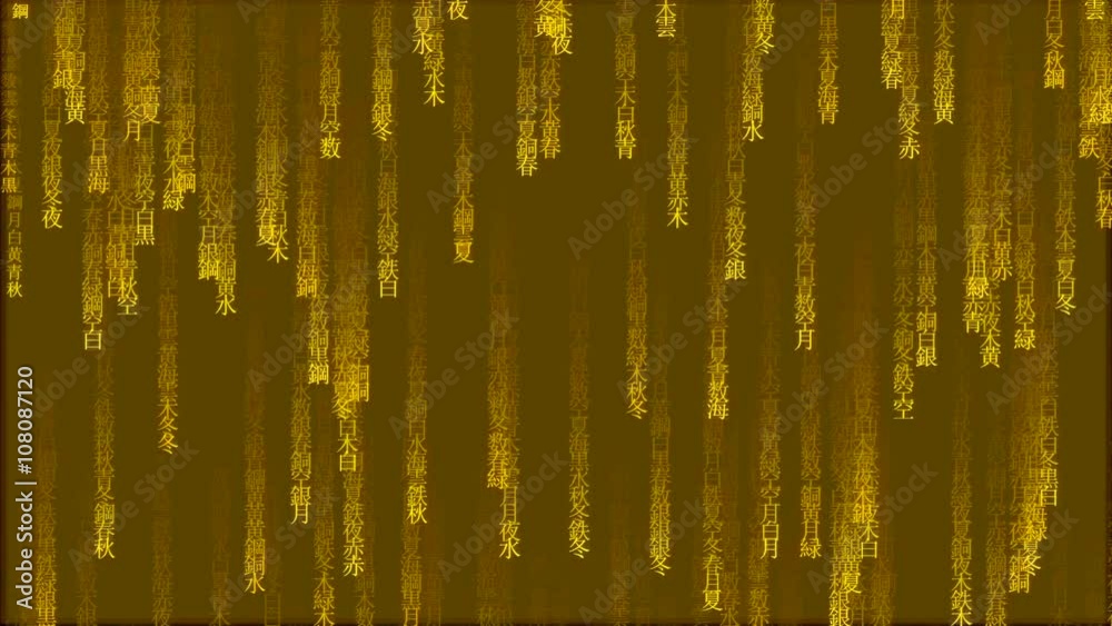 Wall mural yellow Japan matrix background, computer generated code with Japanese and Chinese characters.