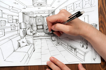 interior sketches, bedroom, living room, kitchen.