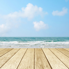 Fototapeta premium Perspective wood over sea and blue sky background