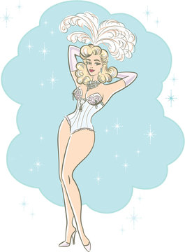 Retro Line Drawing Of A Sexy Vintage Las Vegas Burlesque Showgirl With Feathered Headpiece And Rhinestone Encrusted Corset In A Pinup Pose