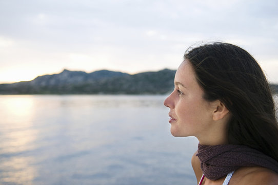 Close up of woman overlooking ocean